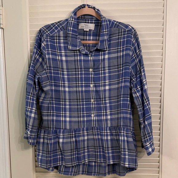 Trovata Tops - Birds of Paradis by Trovata Intermix Blue Flannel Plaid Peplum Top Shirt Large